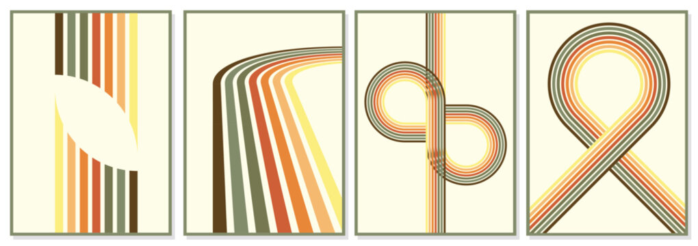 Retro geometric alphabet poster set in vintage 70s stripe style. Minimal vector typography collection with warm earthy colors, abstract letterforms, mid-century modern design on cream background.