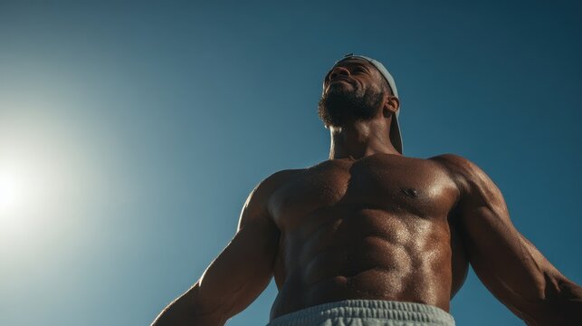 Athletic lifter under a bright blue sky in an outdoor setting