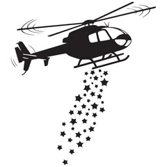 Black helicopter dropping stars, festive icon, celebration symbol, vector graphic © Tanzil