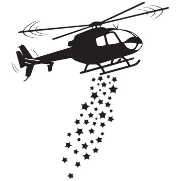 Black helicopter dropping stars, festive icon, celebration symbol, vector graphic