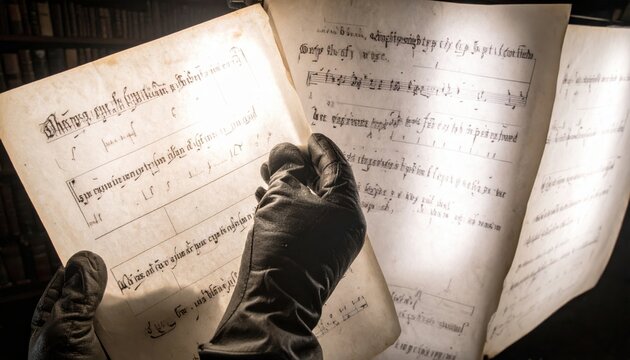 A gloved hand carefully examines a medieval parchment manuscript displaying ancient musical notation and Latin verses in a historical archive