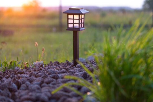 Modern garden with solar LED lantern, perennial flowerbed, grass and mulch, sustainable lighting, eco-friendly, soft landscaping, night landscape design.
