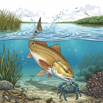 Redfish hunting blue crab in shallow water habitat vector illustration,