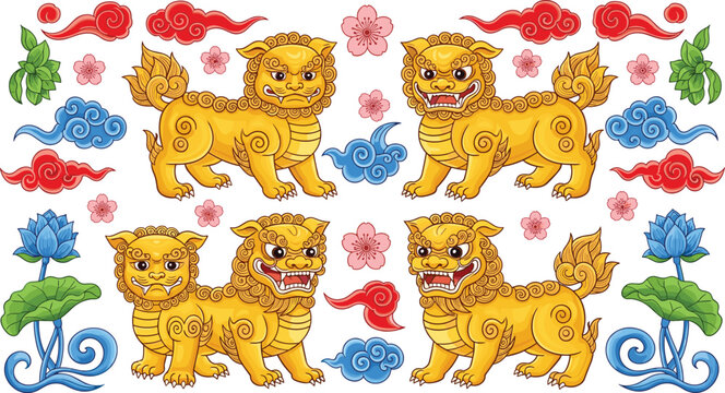 Chinese Guardian Lion Collection with Traditional Foo Dog Statues Clouds and Floral Elements Asian Mythical Creature Vector Illustration Set