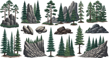 Pine Trees and Rocky Mountain Stones Nature Wilderness Landscape Vector Illustration Collection Set © MdNipon