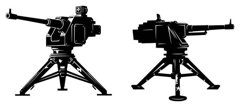 Heavy Machine Gun on Tripod Silhouette Set, Military Weapon and Anti-aircraft Artillery Vector Illustration