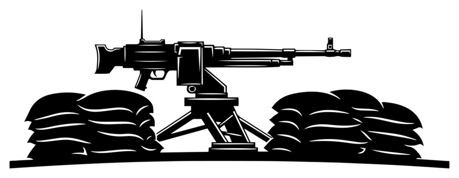 Heavy Machine Gun with Sandbags Silhouette, Military Defense Position and Combat Trench Vector Illustration