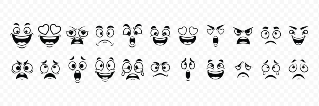 Collection of various cartoon faces with different emotions and expressions on a transparent background