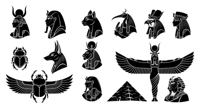 Ancient Egyptian Gods and Symbols Silhouette Set, Mythology Collection with Anubis Pharaoh Pyramid and Scarab Vector Illustration
