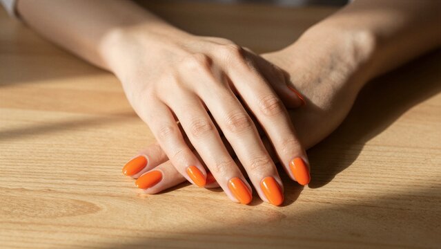 Close-up of hands with bright orange nail polish on a wooden surface.