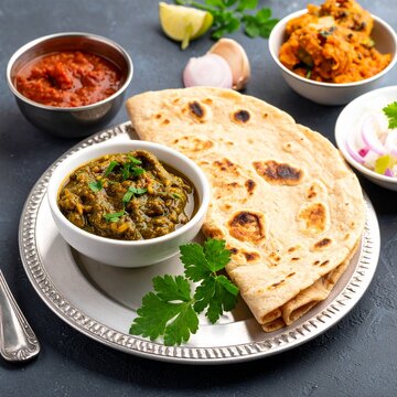 Indian breakfast with paratha and pickle, homestyle kitchen background