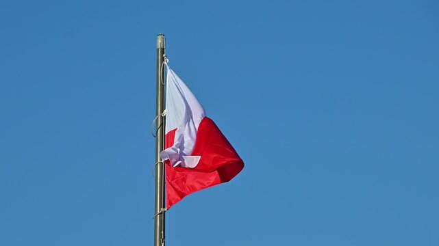 Polish flag waving on pole against clear blue sky outdoors