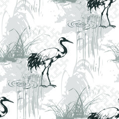 Fototapeta premium crane bird abstract seamless pattern design brush strokes japanese chinese vector ink traditional asian design isolated
