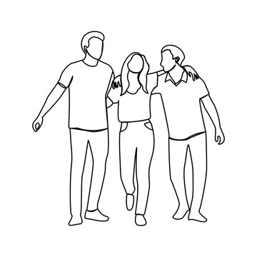 Friendship day Minimal continuous line drawing of friends group standing together isolated on white background