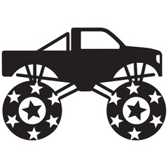 Black monster truck, star wheel vector icon, oversized tire, truck silhouette © Tanzil