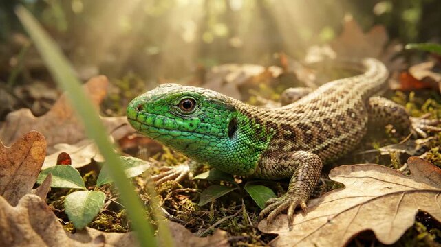 Close up footage of a green and brown lizard resting on dry autumn leaves in a forest with beautiful sunbeams shining through the trees during a bright sunny morning day.