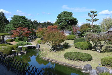 Obraz premium 泉回遊式日本庭園に広がる水辺と緑の美しい風景 Scenic pond-strolling Japanese garden with bridges and manicured greenery