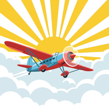 Vintage airplane flying through clouds with sunburst background