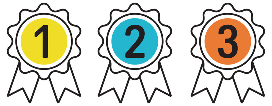 1st 2nd 3rd medal icon set, gold silver bronze award winner badges, first second third place ribbon symbols, prize guarantee sign, logo template vector design set