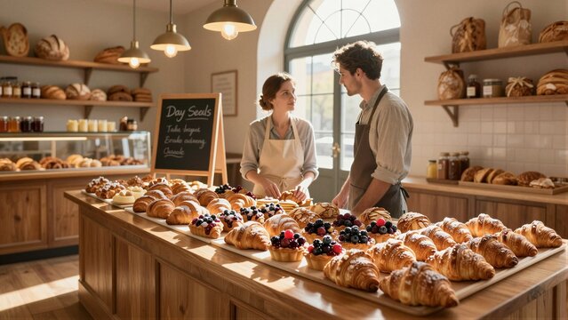 Warmly lit bakery with wooden counters displaying croissants, tarts, and other sweet treats. Two staff members converse behind the counter near a chalkboard sign.