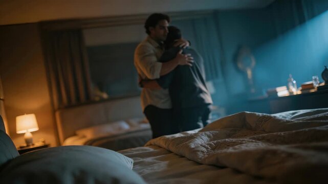 Cinematic slow motion footage of two men sharing a supportive hug in a dimly lit bedroom, capturing a moment of emotional connection, empathy, and comfort between male friends.