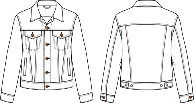 Men denim trucker jacket technical sketch vector set featuring front and back views with chest flap pockets button closure and collar for apparel tech pack.