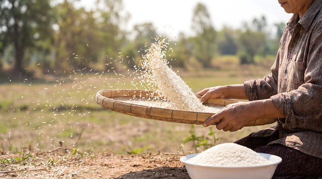 Farmer winnowing rice grain in rural field