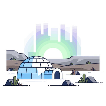 Arctic igloo dwelling with aurora borealis and distant cityscape illustration