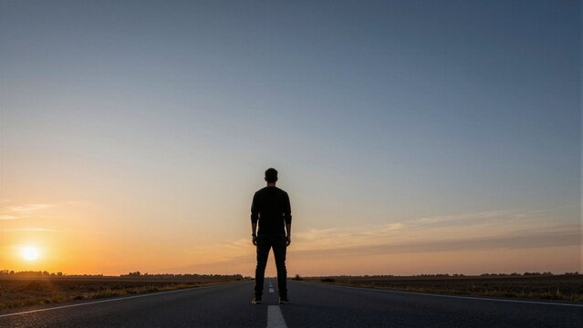 A silhouette of a man standing on a road at sunset, facing a split in the path under a dramatic sky.