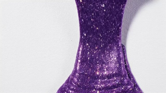 Vibrant purple glitter slime dripping on white textured background