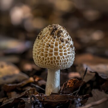 Single morel mushroom with intricate honeycomb cap structure standing tall among dry autumn leaves on forest floor illustrating unique fungal morphology and wild foraging treasures in woodland.
