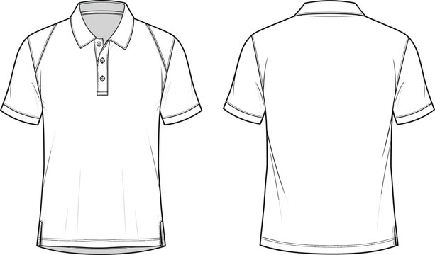 Technical fashion sketch of men's polo shirt with raglan sleeves and button placket front and back view vector apparel flat template for design