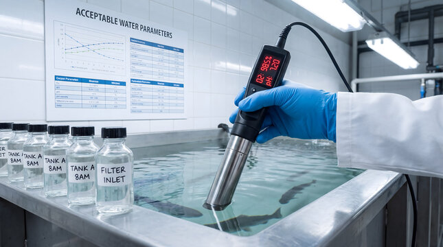 Scientist testing water quality in aquaculture fish farm