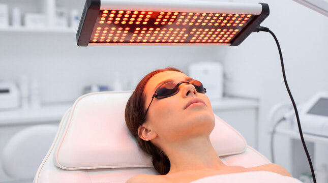 Woman receiving red light therapy led facial treatment