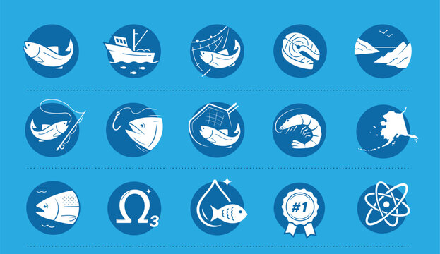 Salmon fish set icons. Perfect for food, pet food and products, omega 3 supplements. The outline icons are well scalable and editable. Contrasting elements are good for different backgrounds. EPS10.