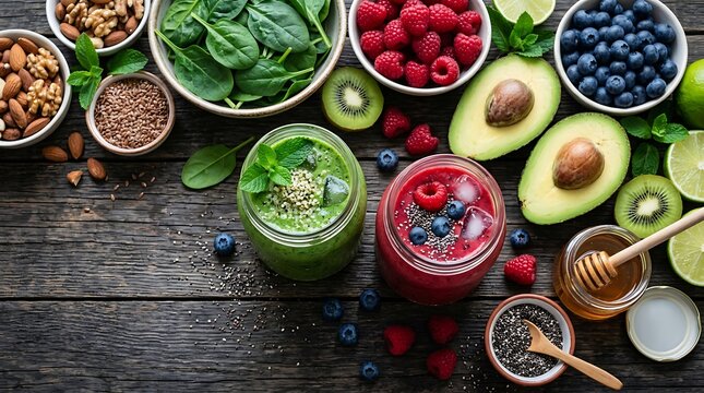 Berbagai buah segar dan smoothies sehat di atas meja kayu untuk gaya hidup sehat dan nutrisi alami