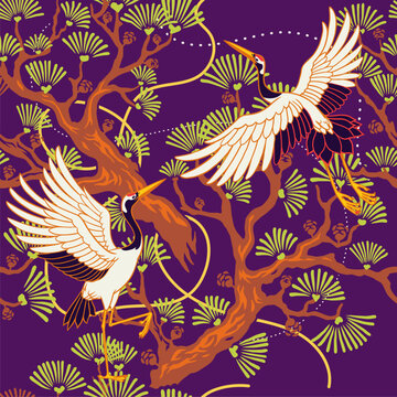 Japanese Pattern Seamless of Bonsai and Heron