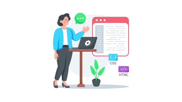 Scaleable flat animated illustration of frontend coding tutorial and web development training