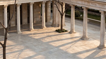Obraz premium Sunlight casts intricate tree branch shadows across a marble courtyard with classical columns.