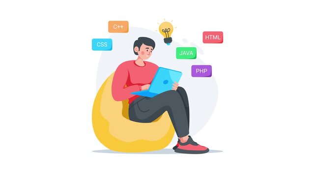 Flat animated illustration of a man coding on laptop, surrounded by programming languages and a lightbulb idea