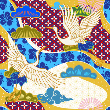 Seamless Pattern of Japanese Heron and Beautiful Abstract Japanese Art