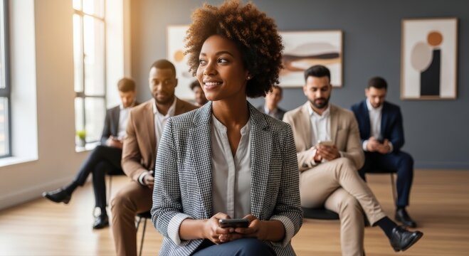 Confident professional woman radiates optimism, poised in an interview lineup contemplating career opportunities among fellow applicants
