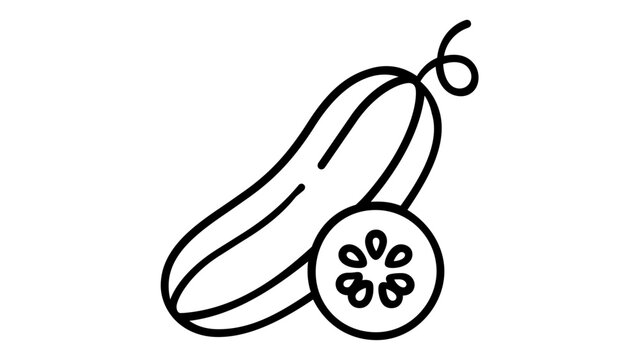 Fresh cucumber and slice vector icon illustration, minimalist black line art of healthy organic vegetables for cooking, salad, and grocery store branding, scalable AI-generated graphic design.