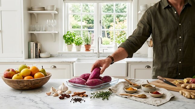 Pria memegang ubi di dapur modern lengkap dengan bahan makanan dan rempah-rempah untuk masakan sehat dan segar