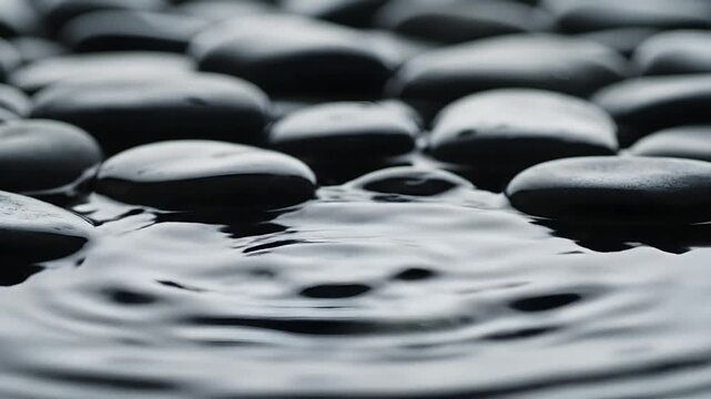 Close up of water drops falling on smooth dark stones.