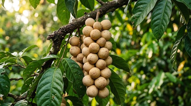 Buah durian muda yang matang dan segar menggantung di cabang pohon dengan daun hijau indah untuk konsep pertanian dan hasil panen alami