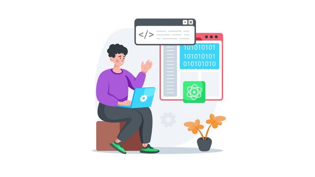 Download this amazing flat animated illustration of frontend framework coding and web interface development