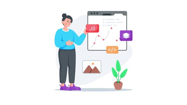 A handy flat animated illustration of javascript coding and performance analytics
