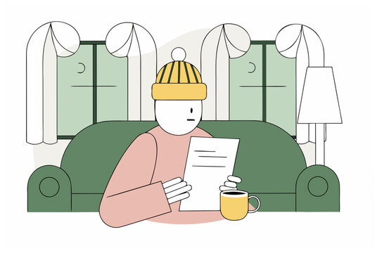 A man reading a utility bill at home. Energy bill payment, energy crisis, and financial problem concept. Vector illustration for finance, infographic