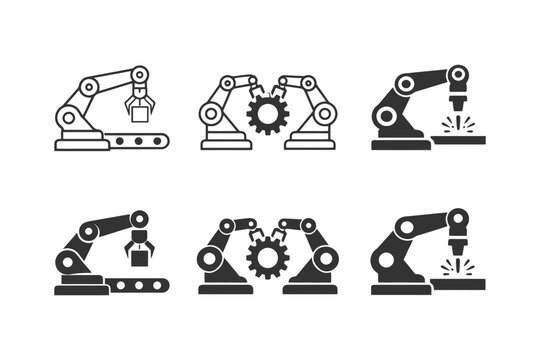 Set of factory robot arms engaged in assembly and welding tasks.